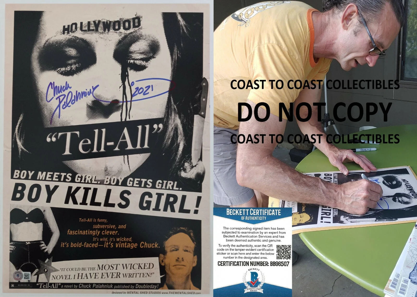 Chuck Palahniuk — Chuck Palahniuk signed 12x18 Tell All movie poster photo Beckett COA exact proof