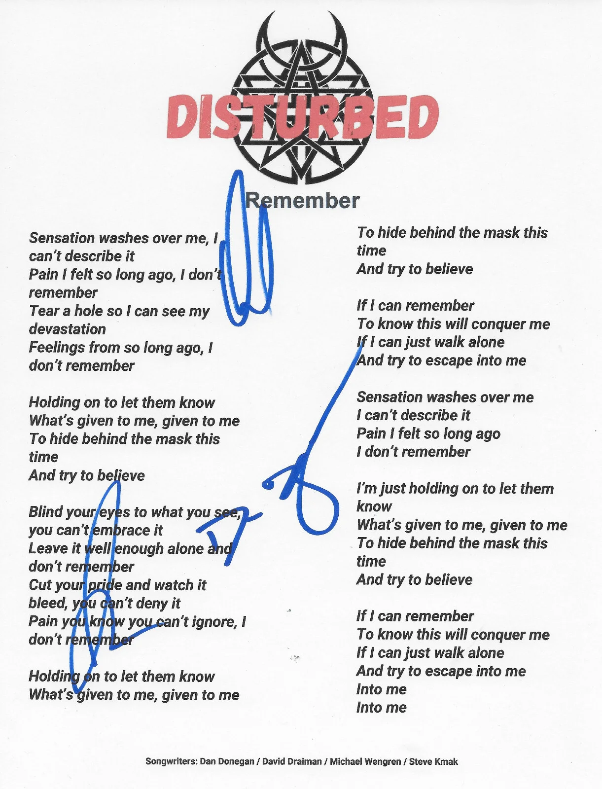 Disturbed Band Signed Remember Lyrics Sheet COA Exact Proof Autographed, image 2