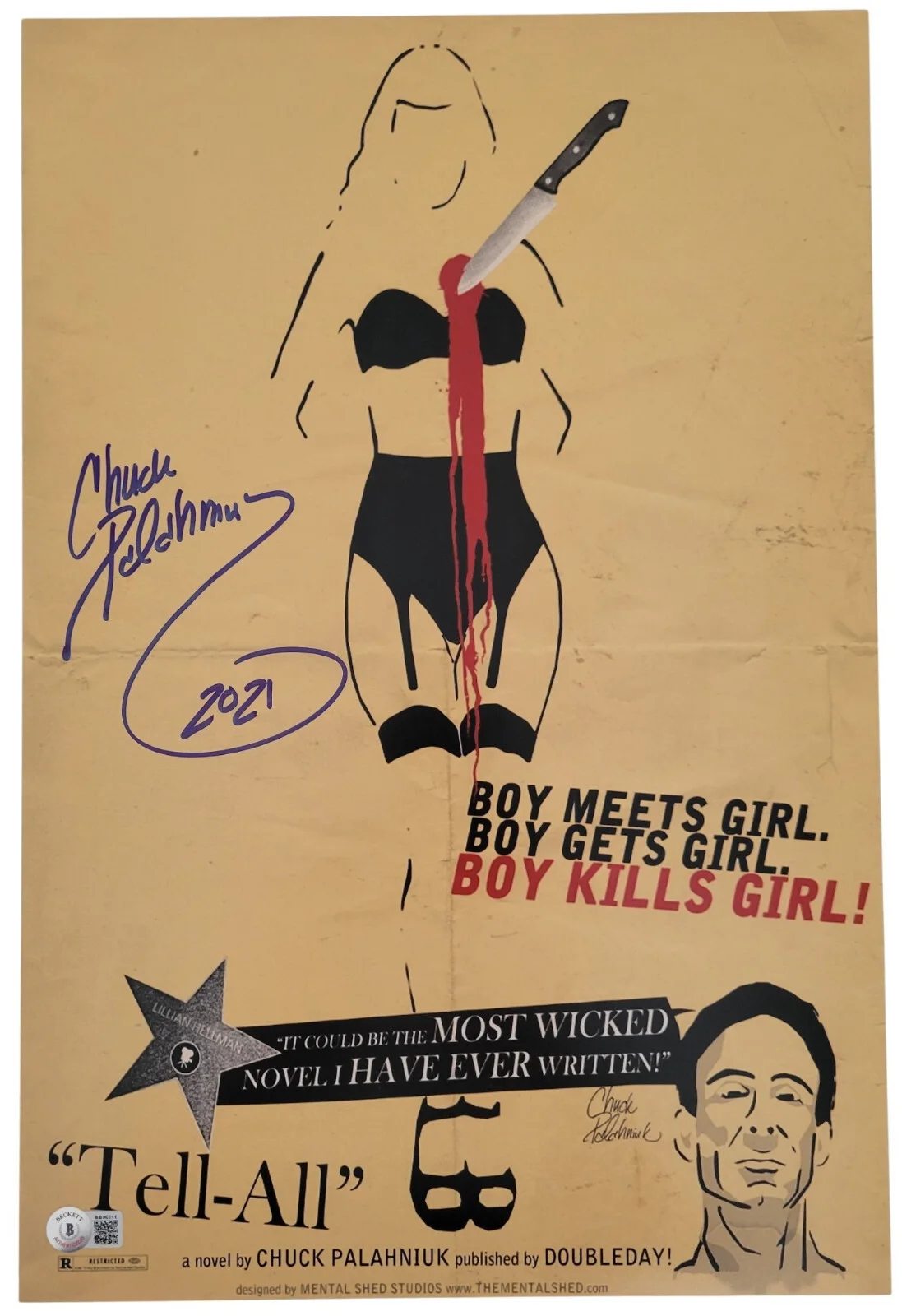 Chuck Palahniuk — Chuck Palahniuk signed 12x18 Tell All movie poster photo Beckett COA exact proof, изображение 2