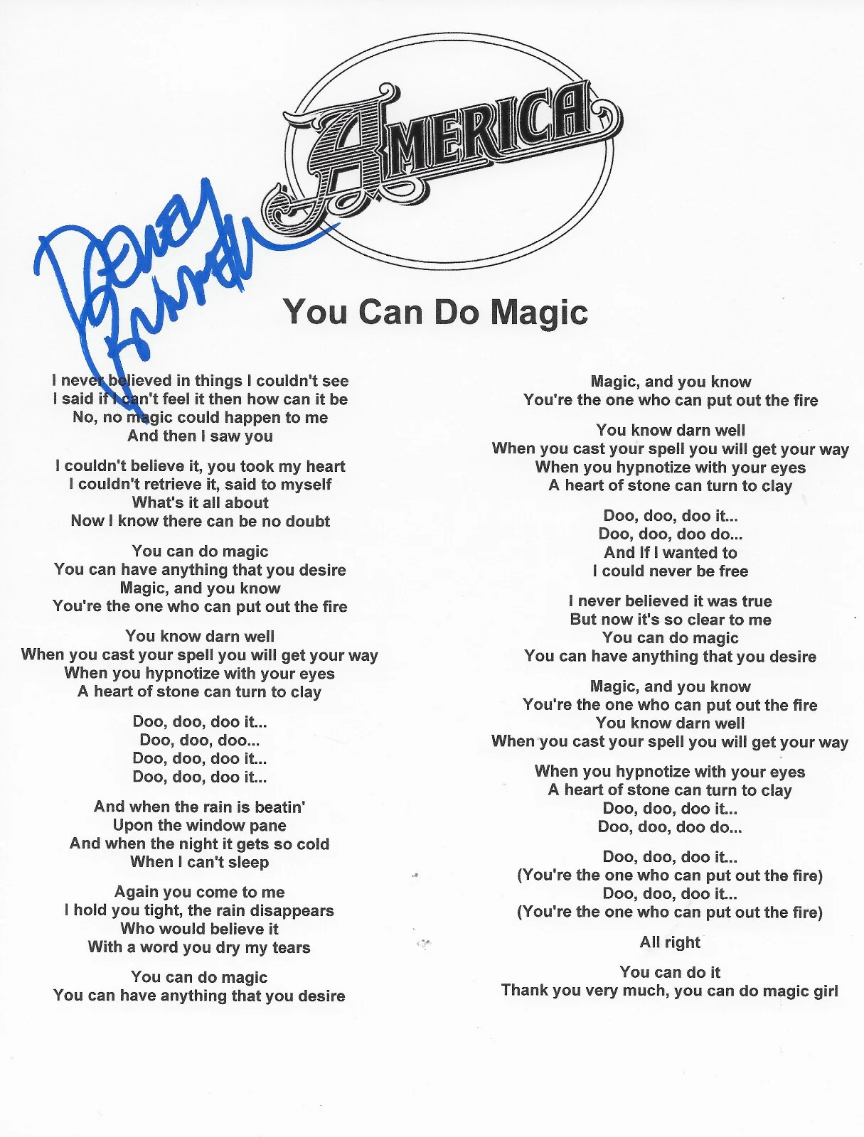 Dewey Bunnell signed America "You Can Do Magic" Lyrics sheet COA Proof autograph, image 2