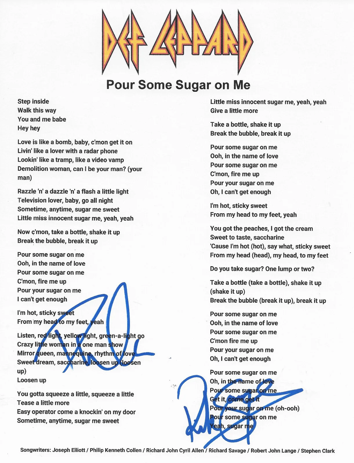 Def Leppard Signed Pour Some Sugar on Me Lyrics Sheet COA Proof Autographed, image 2