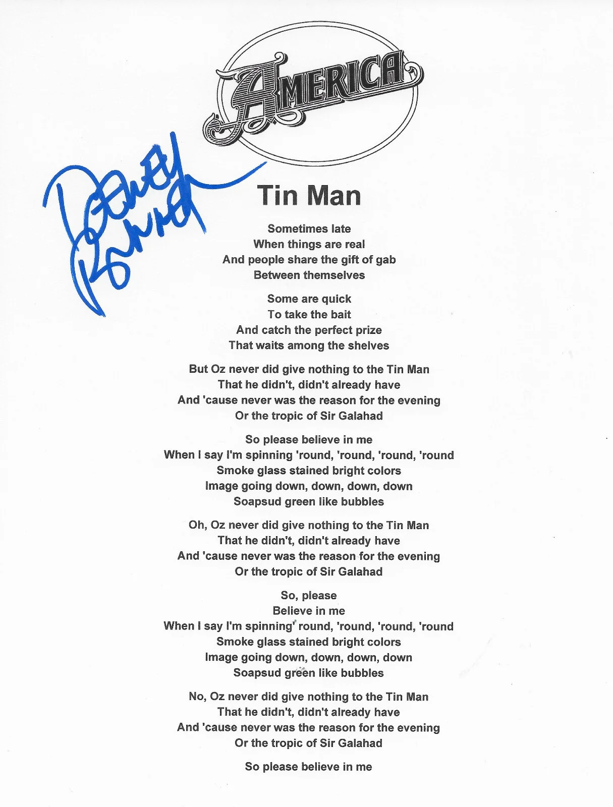 Dewey Bunnell signed America "Tin Man" Lyrics sheet COA Proof autographed, image 2