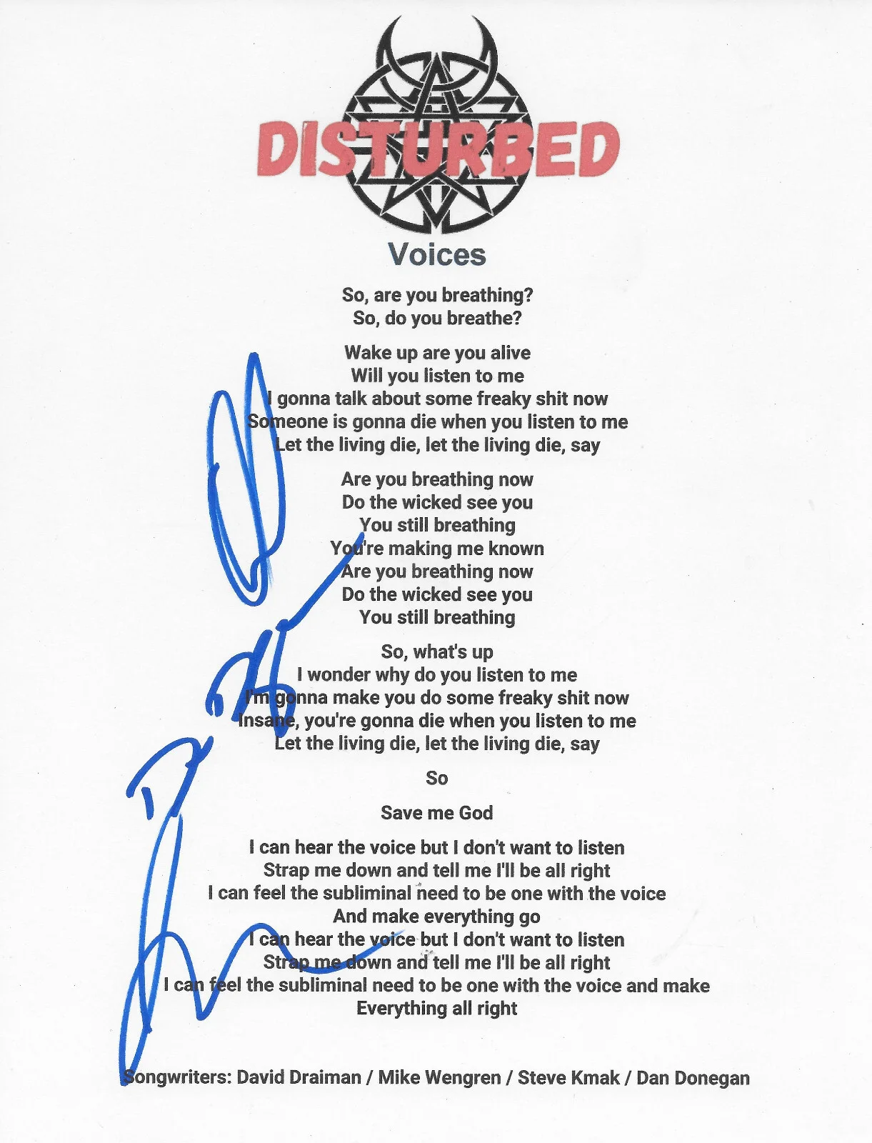 Disturbed Band Signed Voices Lyrics Sheet COA Exact Proof Autographed, image 2