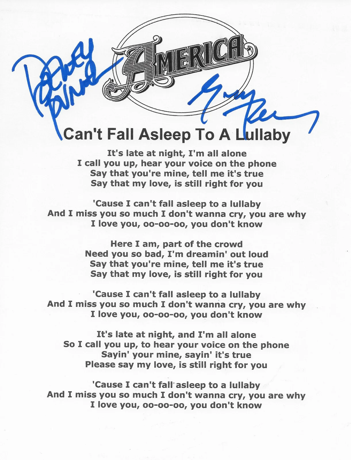 Dewey & Gerry signed America Can't Fall Asleep To A Lullabye Lyrics sheet Proof, изображение 2