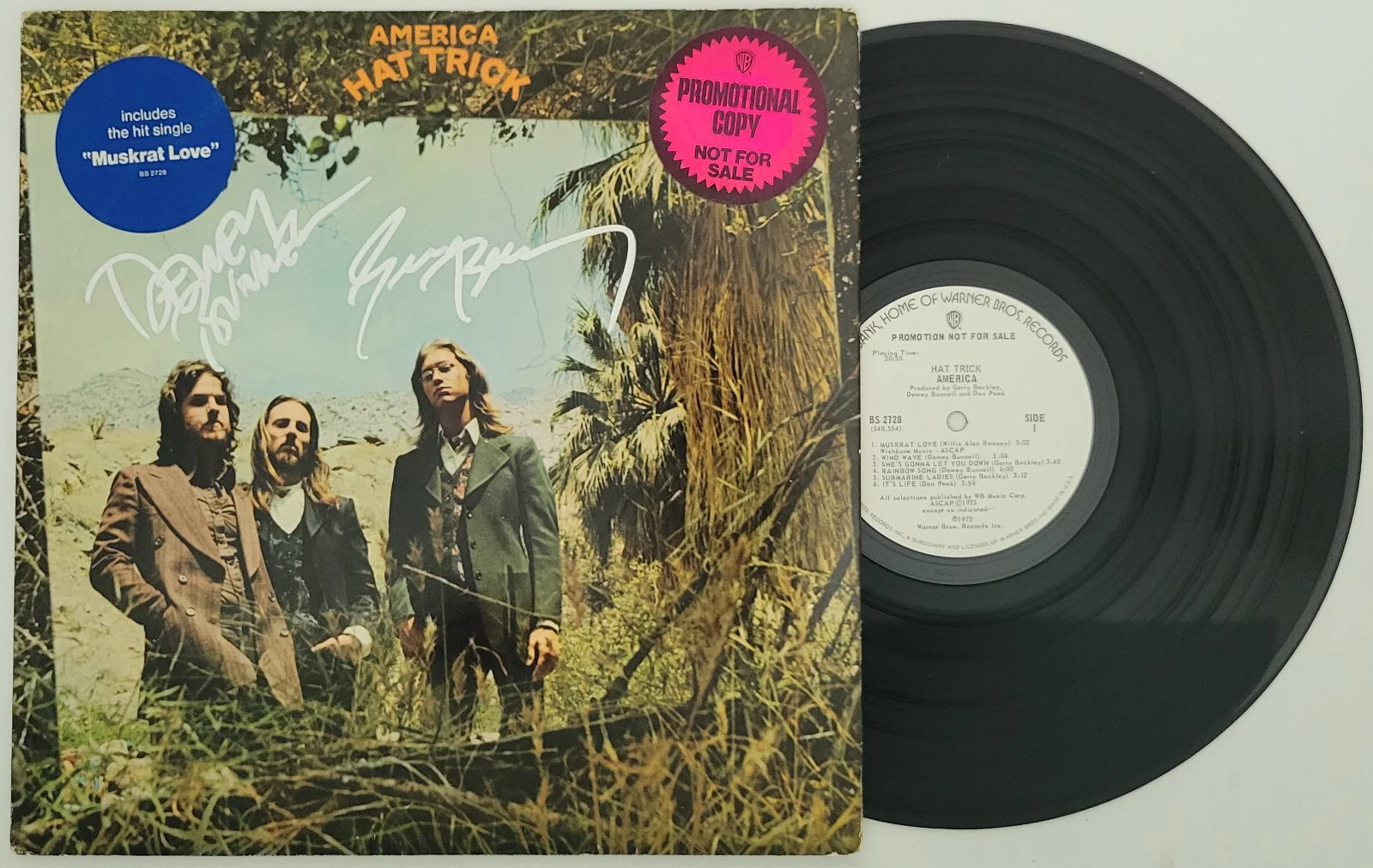 Dewey Bunnell Gerry Beckley signed America Hat Trick album vinyl record proof, изображение 2