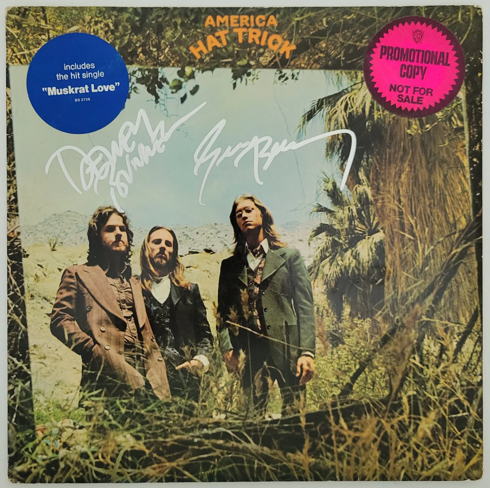 Dewey Bunnell Gerry Beckley signed America Hat Trick album vinyl record proof, изображение 3