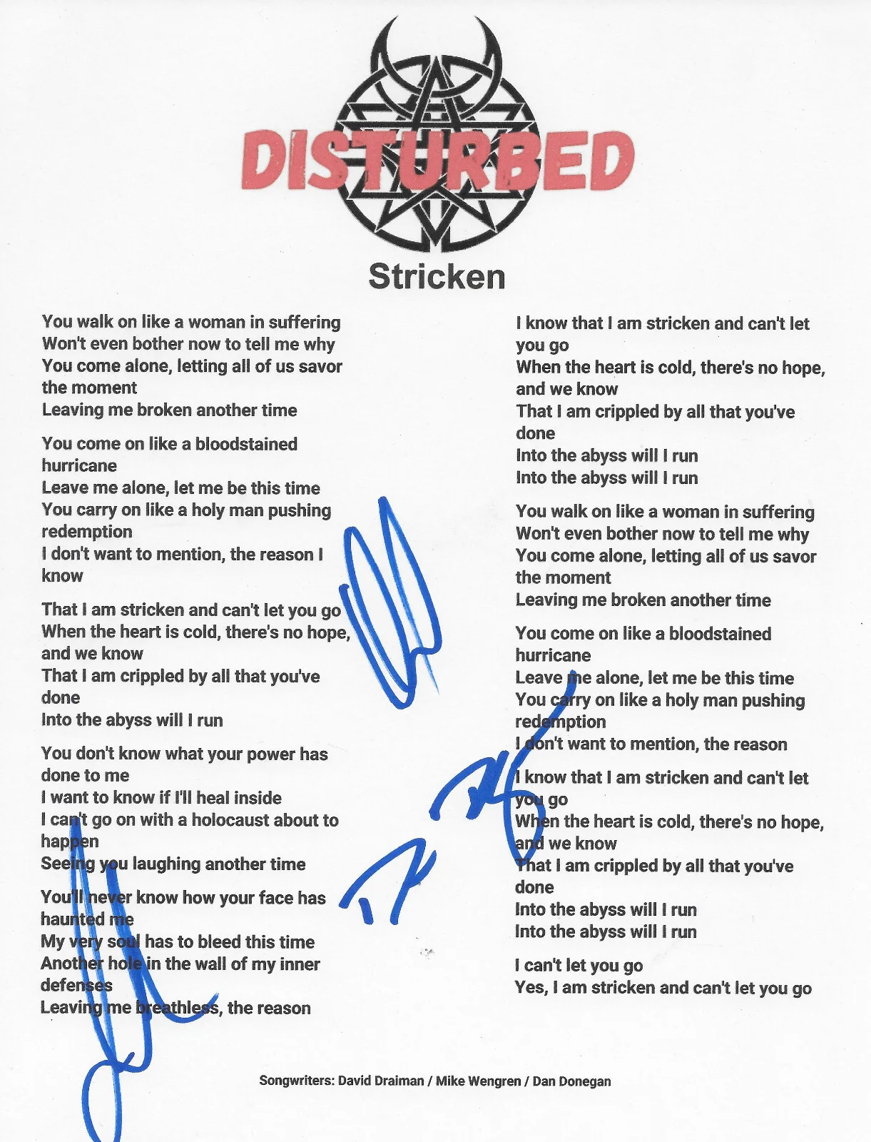 Disturbed Band Signed Stricken Lyrics Sheet COA Exact Proof Autographed, image 2