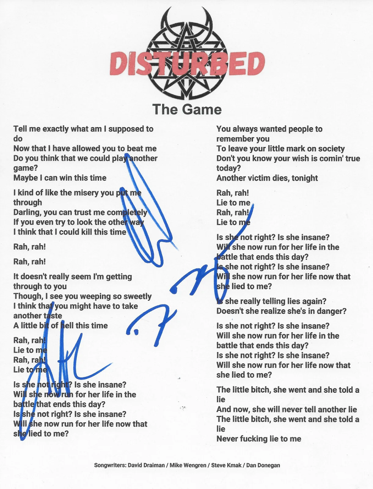 Disturbed Band Signed The Game Lyrics Sheet COA Exact Proof Autographed, image 2