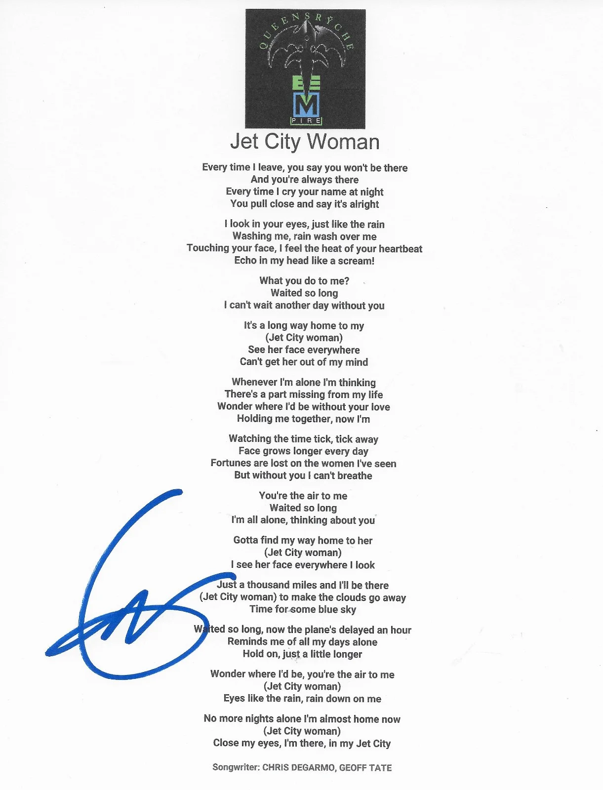 Geoff Tate signed Queensryche Jet City Woman Lyrics sheet COA proof Autographed, изображение 2