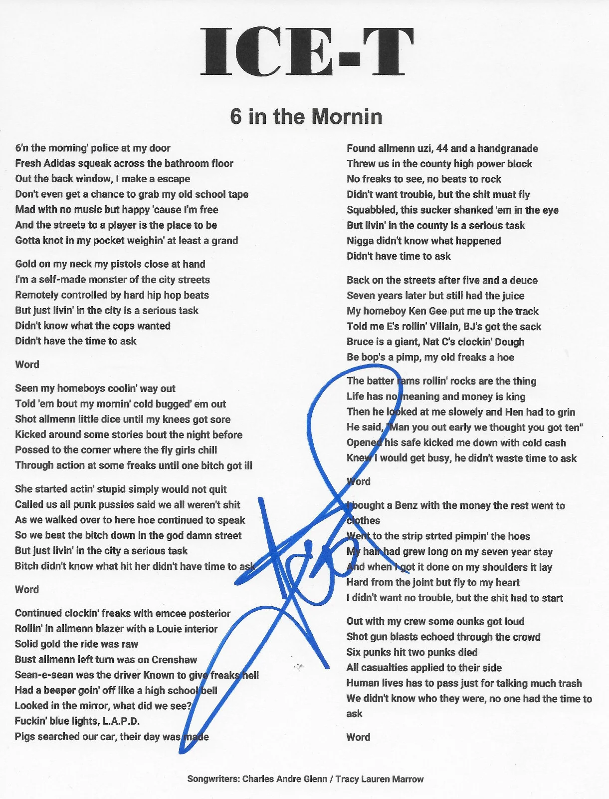 Ice T Signed 6 in the Mornin' Lyrics Sheet COA Exact Proof Autographed, image 2
