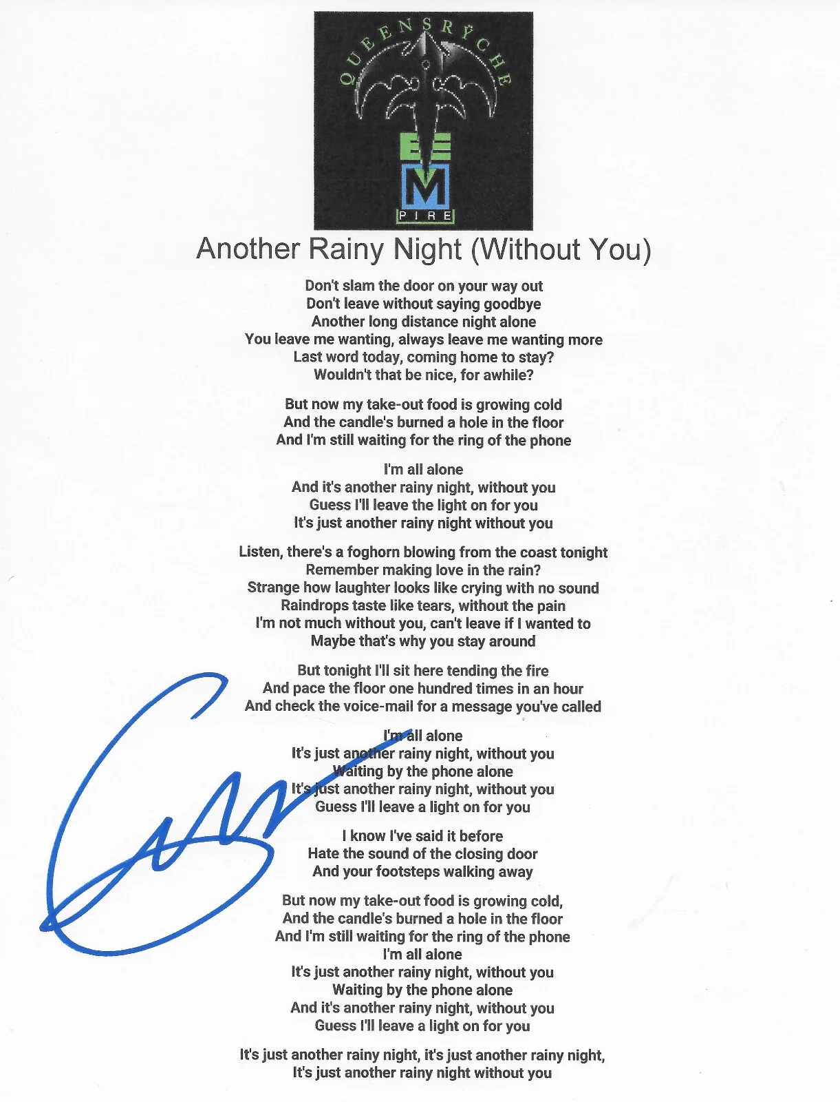 Geoff Tate Signed Queensryche Another Rainy Night Without you Lyrics Sheet Proof, image 2
