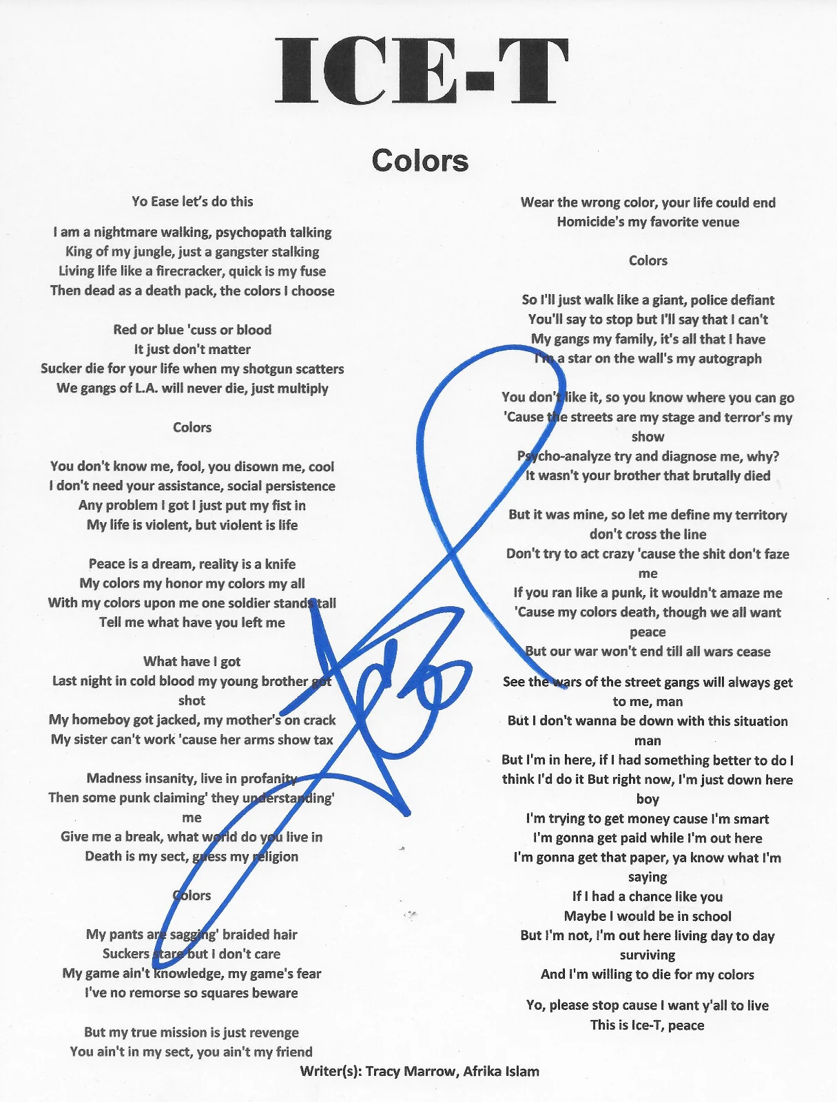 Ice T Signed Colors Lyrics Sheet COA Exact Proof Autographed, image 2