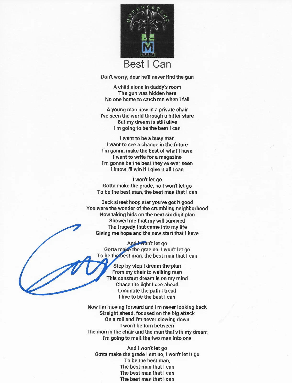 Geoff Tate signed Queensryche Best I Can Lyrics sheet COA proof autographed, image 2
