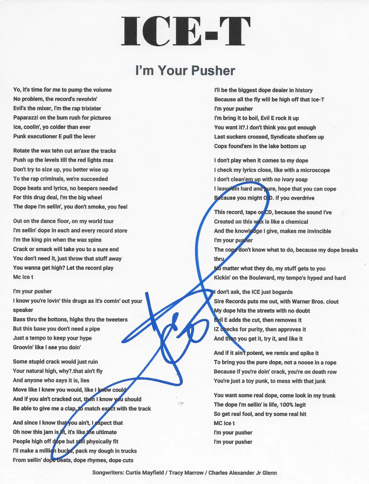 Ice T Signed I'm Your Pusher Lyrics Sheet COA Exact Proof Autographed, image 2