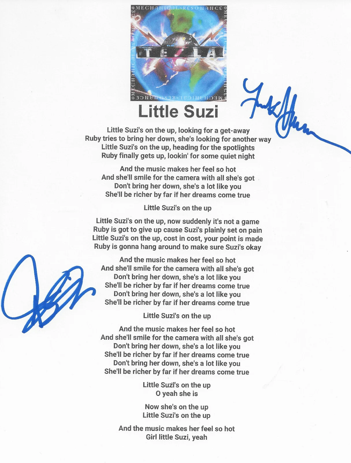 Jeff Keith & Frank Hannon Signed Tesla Little Suzi Lyrics Sheet COA Proof, image 2