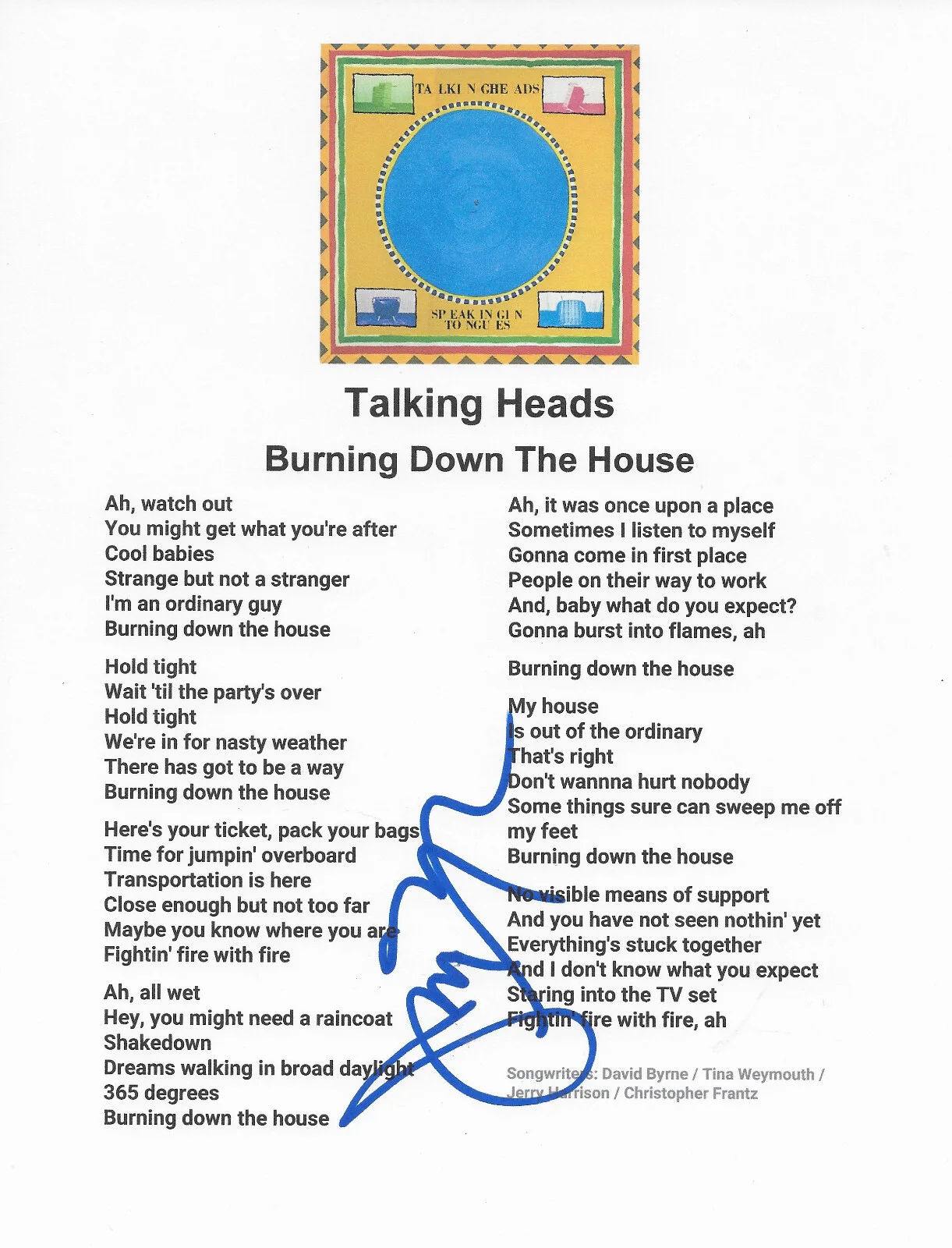 Jerry Harrison Signed Talking Heads Burning Down The House Lyrics Sheet Proof, image 2