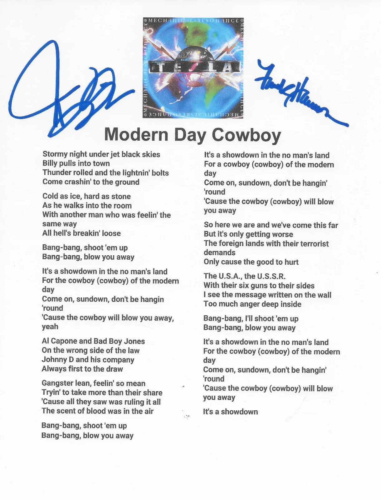 Jeff Keith & Frank Hannon Signed Tesla Modern Day Cowboy Lyrics Sheet COA Proof, image 2