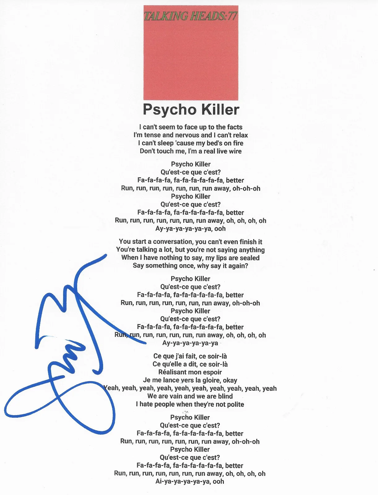 Jerry Harrison Signed Talking Heads Psycho Killer Lyrics Sheet COA Exact Proof, image 2