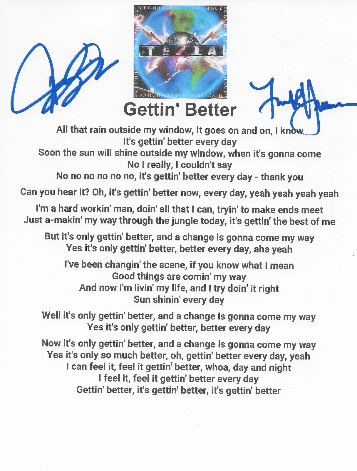 Jeff Keith & Frank Hannon Signed Tesla Gettin Better Lyrics Sheet COA Proof, image 2