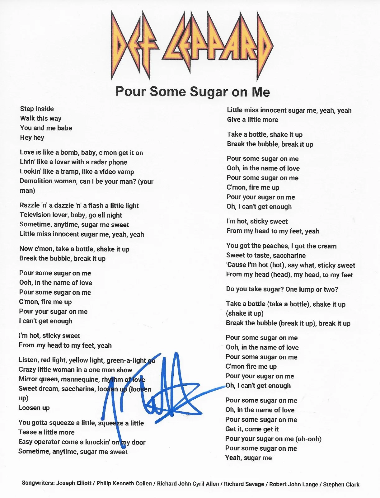 Joe Elliott Signed Def Leppard Pour Some Sugar on Me Lyrics Sheet COA Proof Auto, image 2