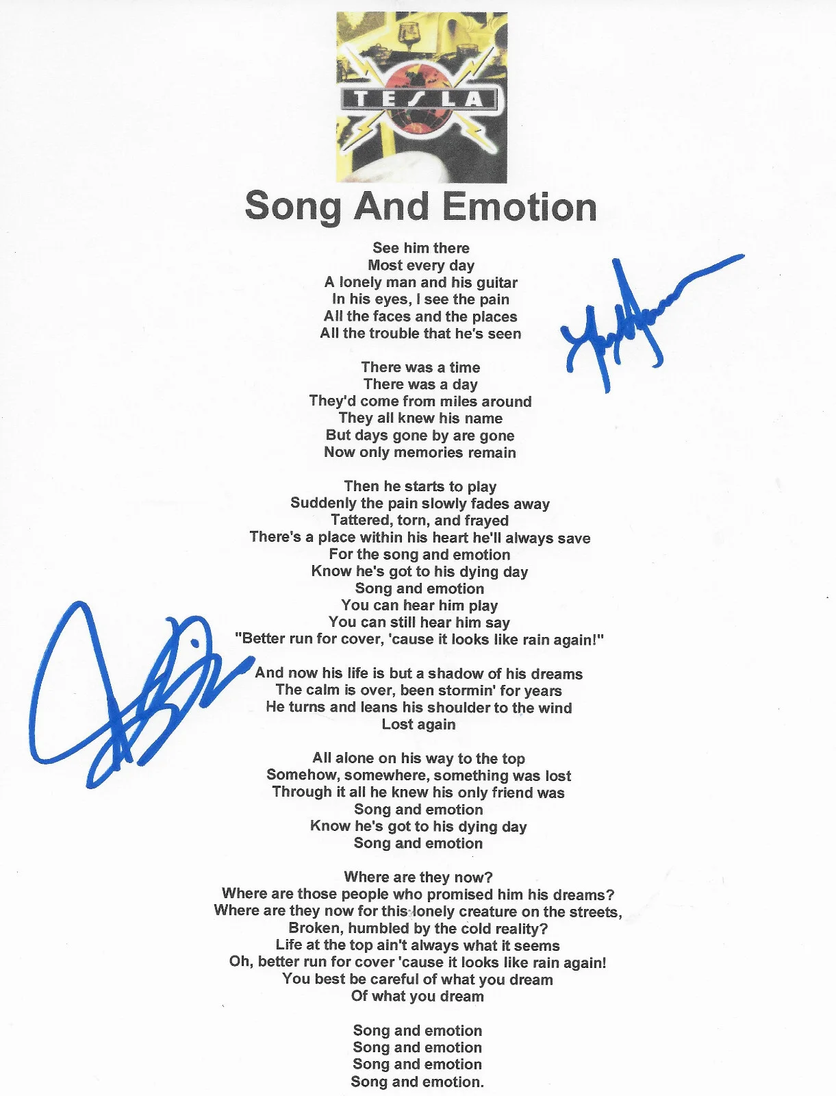 Jeff Keith & Frank Hannon Signed Tesla Song And Emotion Lyrics Sheet COA Proof, image 2