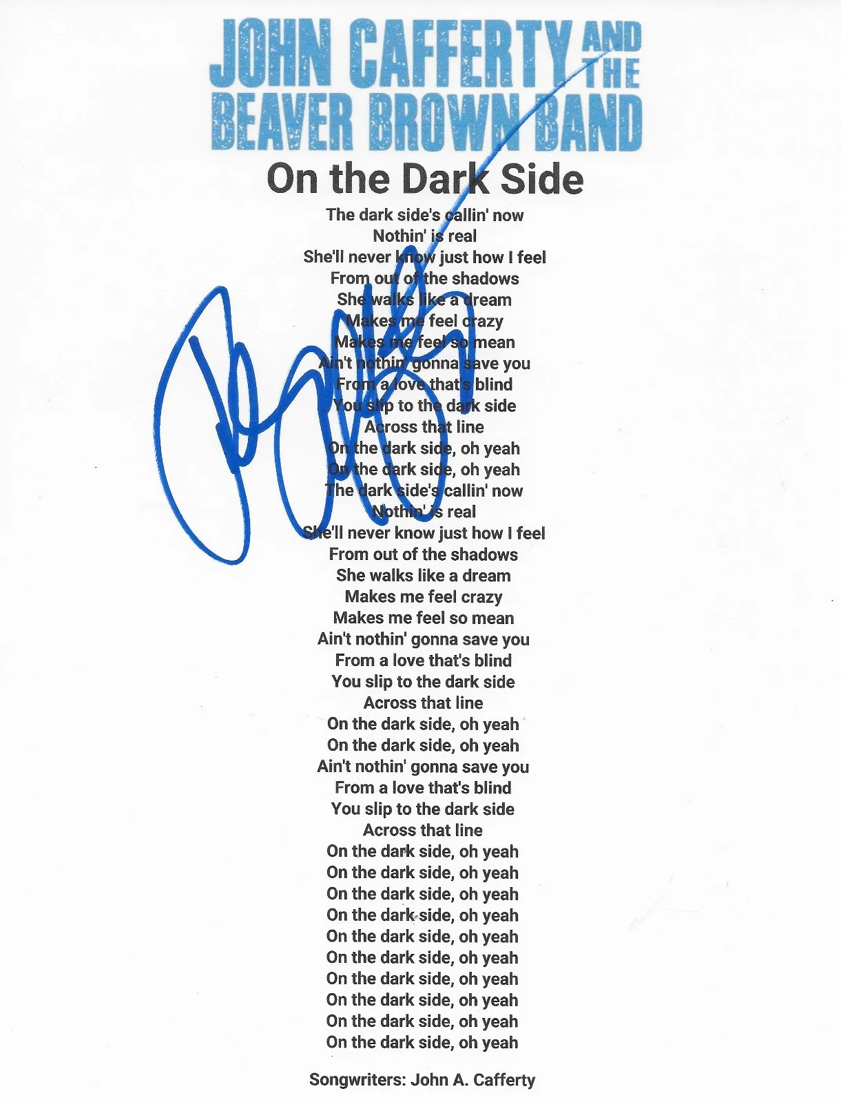 John Cafferty Signed On the Dark Side Lyrics Sheet COA Exact Proof Autographed, image 2