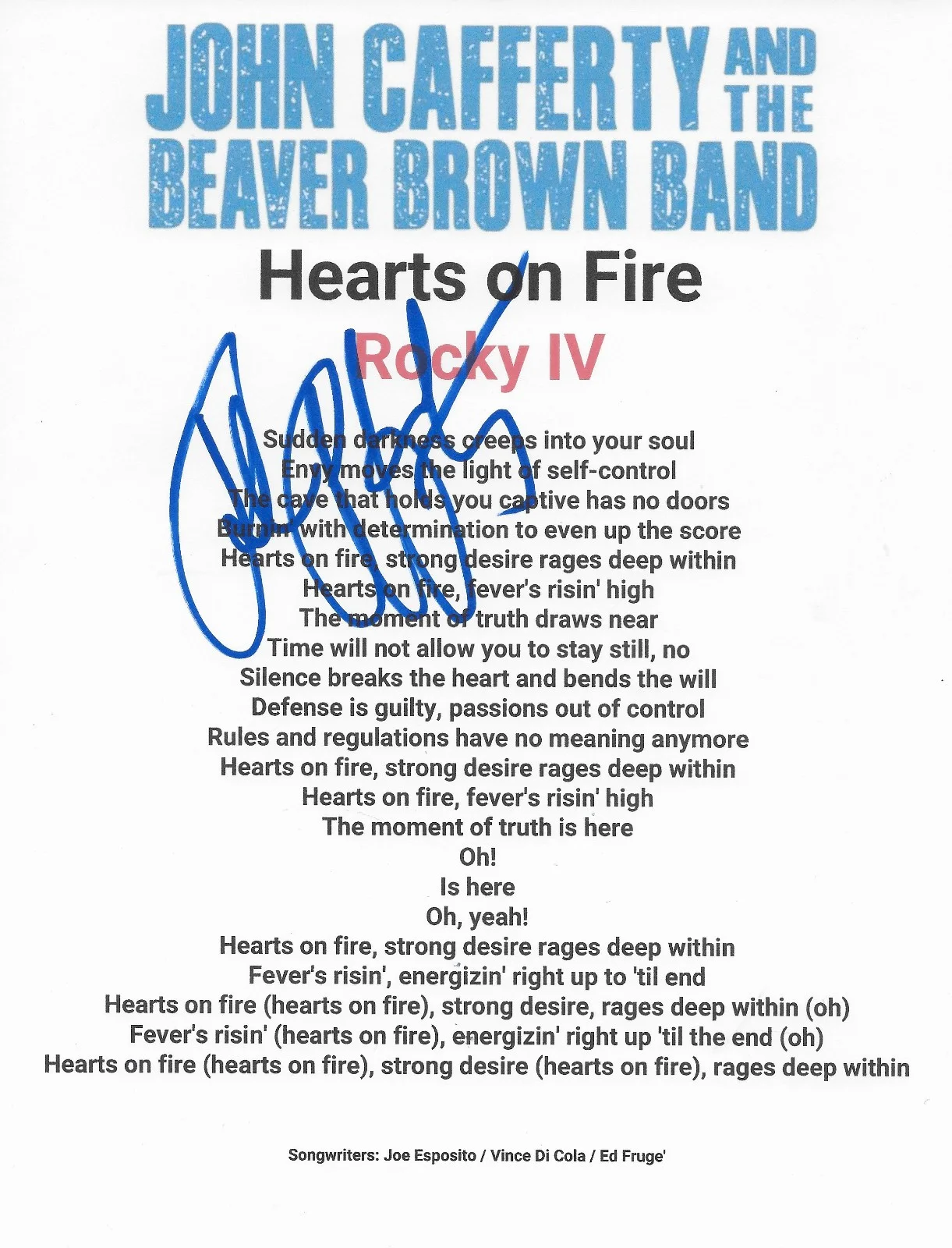 John Cafferty Signed Hearts on Fire Lyrics Sheet COA Exact Proof Autographed, image 2