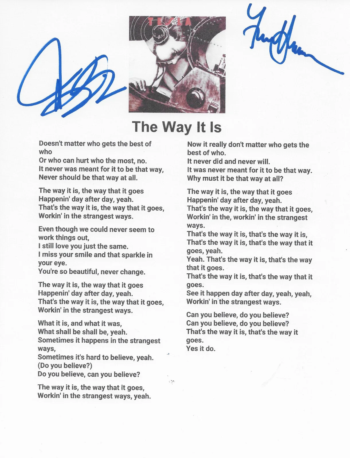 Jeff Keith & Frank Hannon Signed Tesla The Way It Is Lyrics Sheet COA Proof, image 2