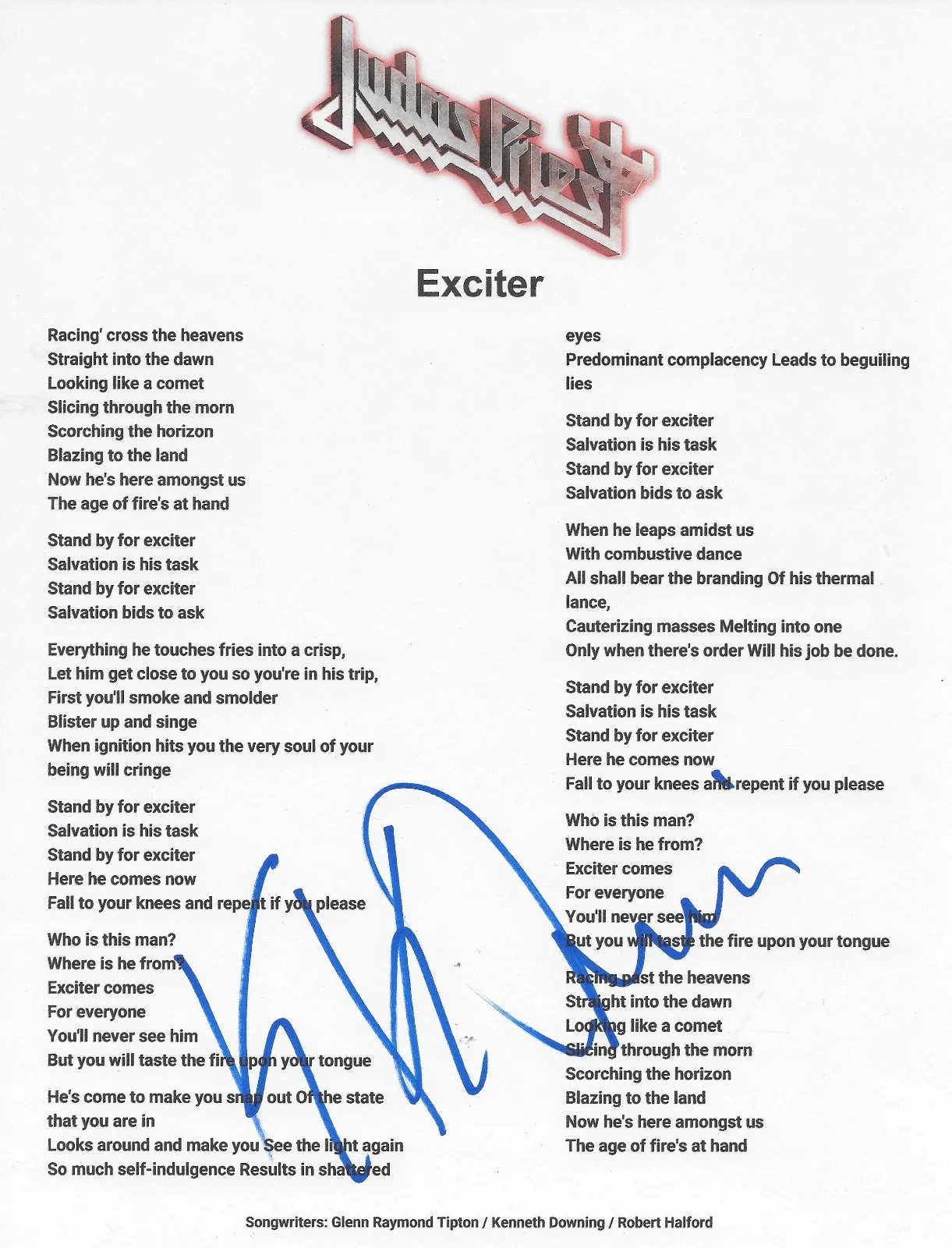 KK Downing Signed Judas Priest Exciter Lyrics Sheet COA Exact Proof Autographed, image 2