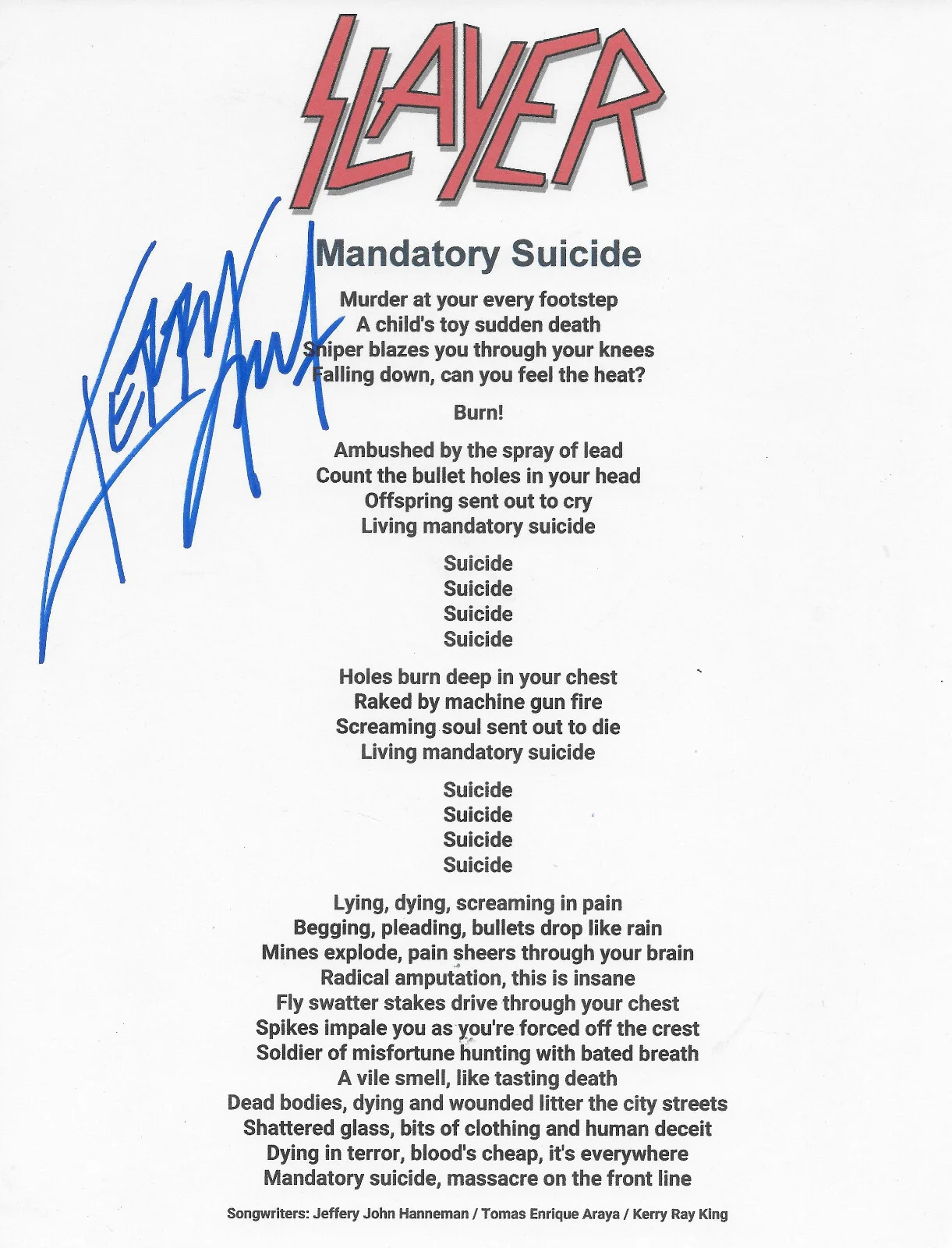 Kerry King Signed Slayer Madatory Suicide Lyrics Sheet COA Proof Autographed, image 2