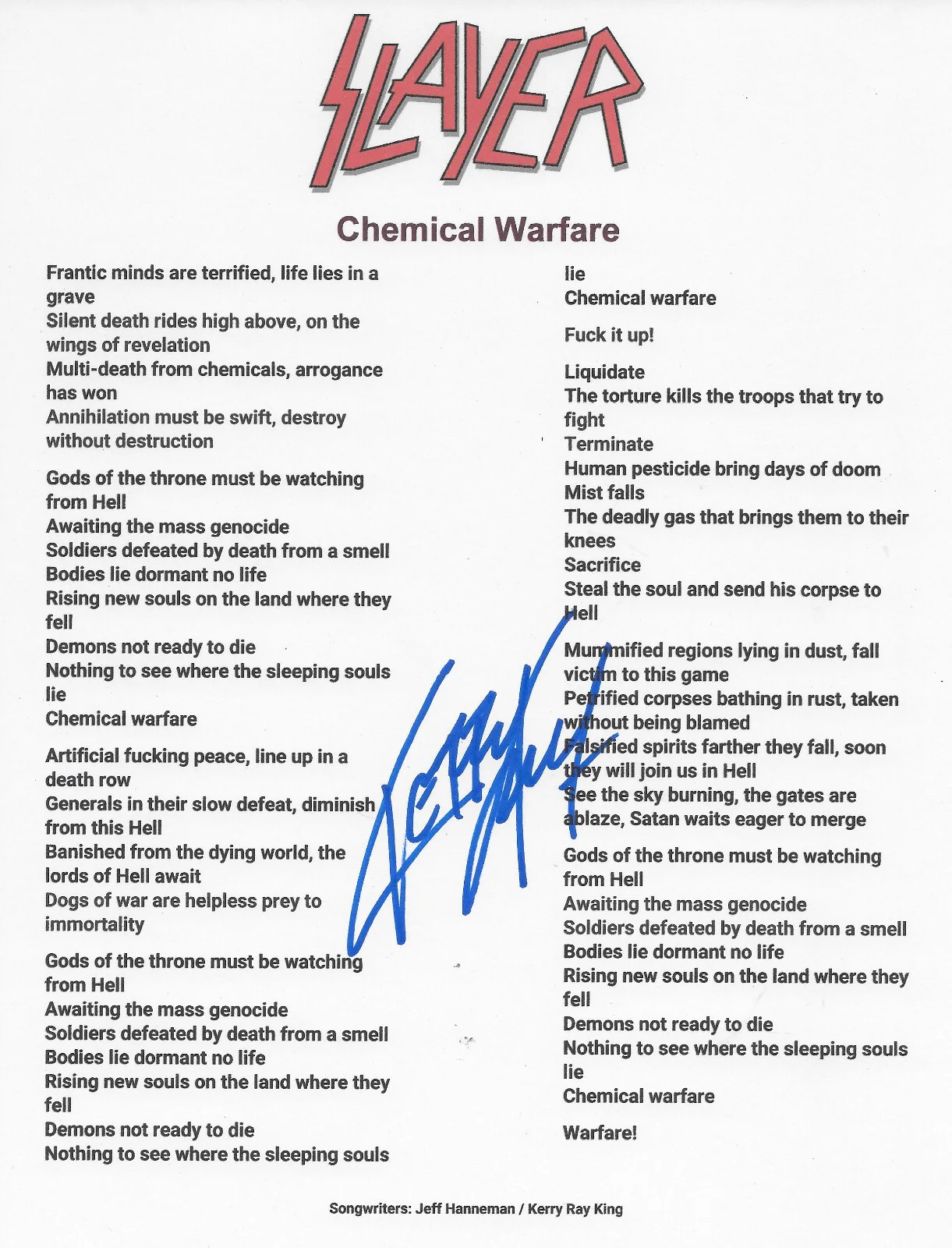 Kerry King Signed Slayer Chemical Warfare Lyrics Sheet COA Proof Autographed, изображение 2