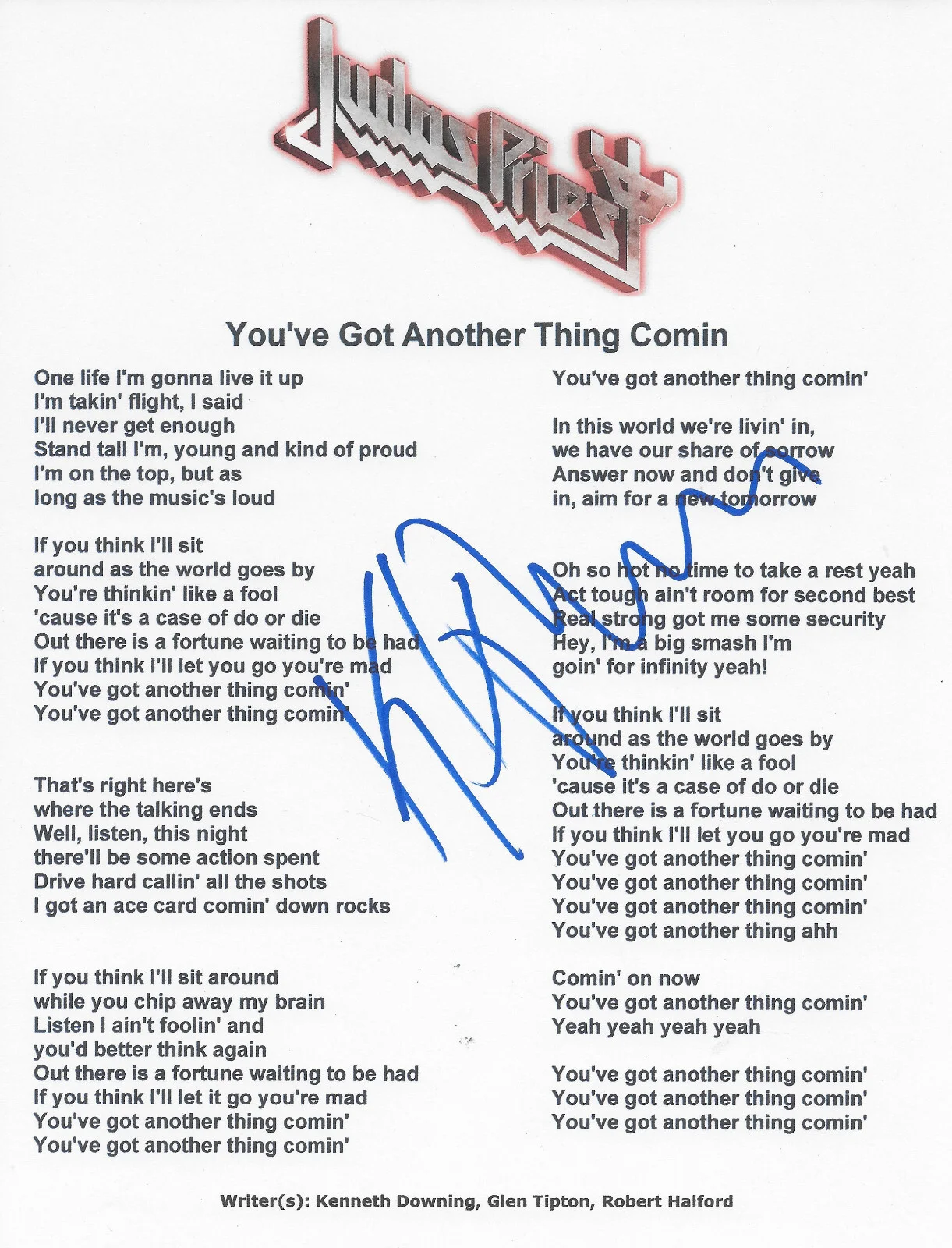 KK Downing Signed Judas Priest Lyrics Sheet COA Exact Proof Autographed, image 2