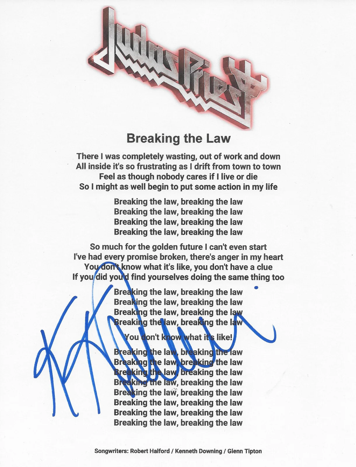 KK Downing Signed Judas Priest Breaking the Law Lyrics Sheet COA Proof Autograph, изображение 2