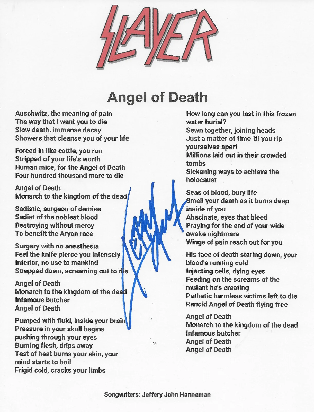 Kerry King Signed Slayer Angel of Death Lyrics Sheet COA Exact Proof Autographed, изображение 2