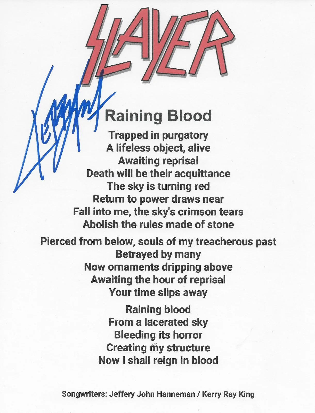 Kerry King Signed Slayer Raining Blood Lyrics Sheet COA Exact Proof Autographed, image 2