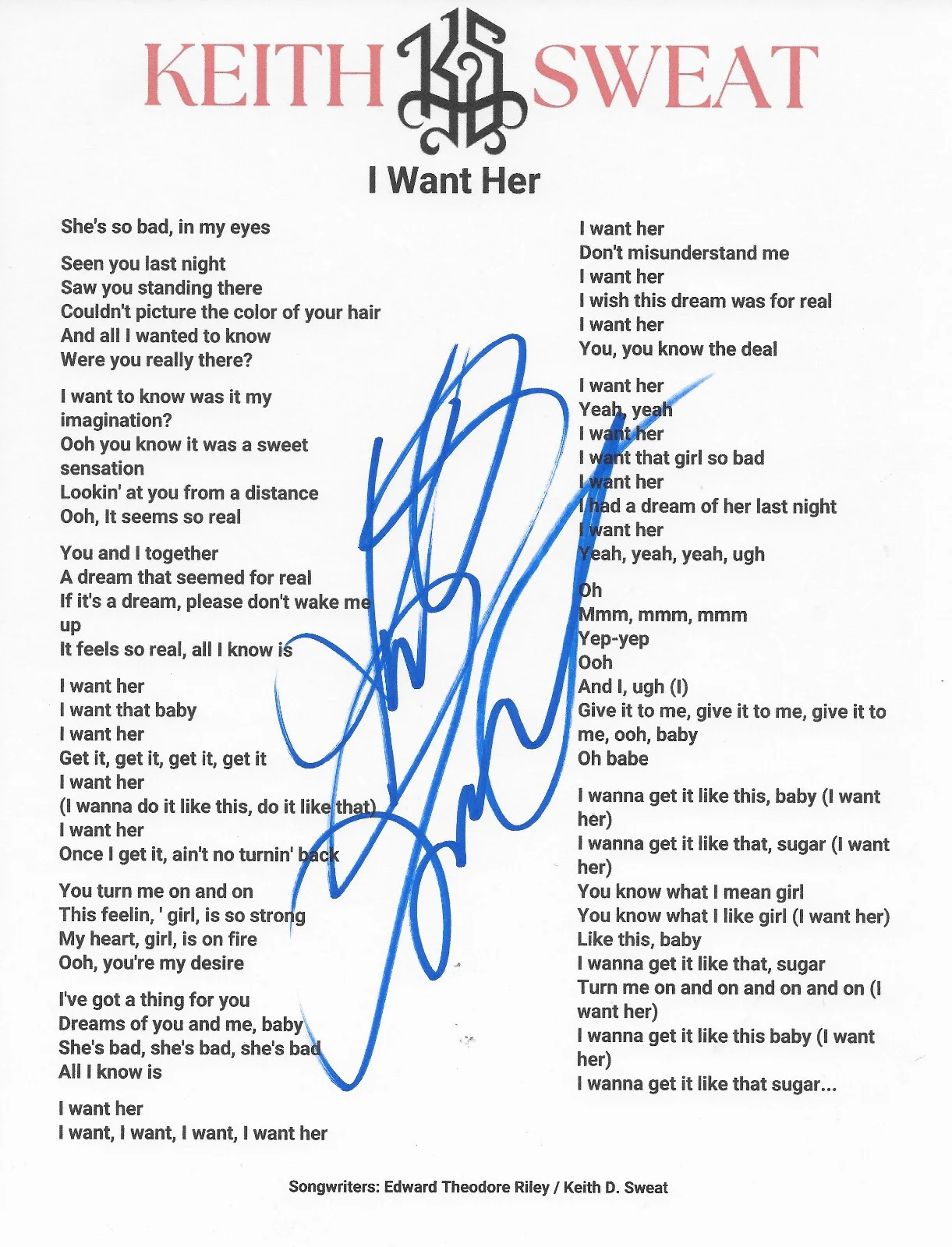 Keith Sweat Signed I Want Her Lyrics Sheet COA Exact Proof Autographed, image 2