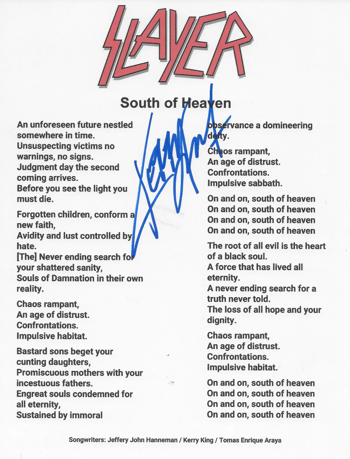 Kerry King Signed Slayer South of Heaven Lyrics Sheet COA Proof Autographed, image 2