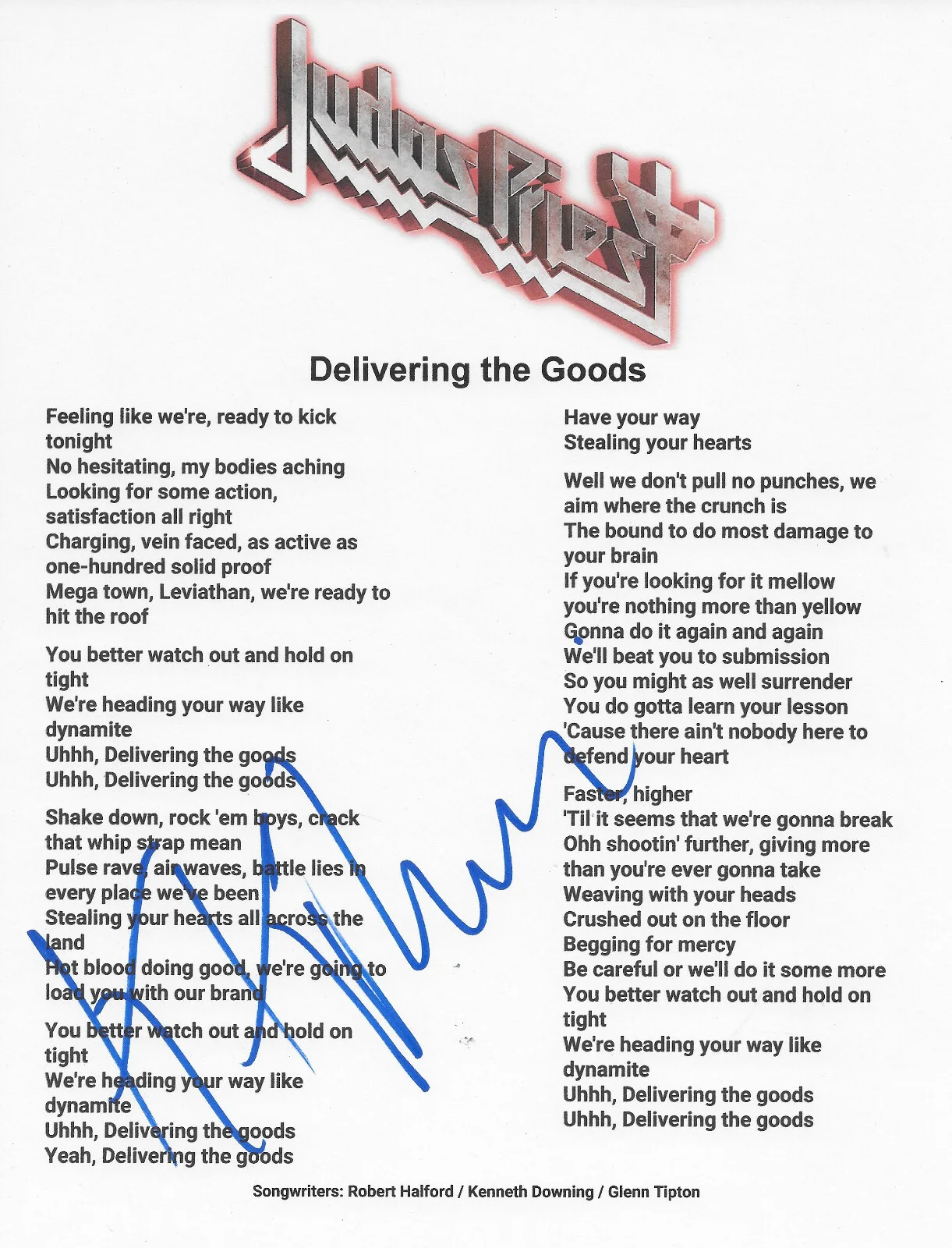 KK Downing Signed Judas Priest Delivering the Goods Lyrics Sheet COA Proof Auto, изображение 2
