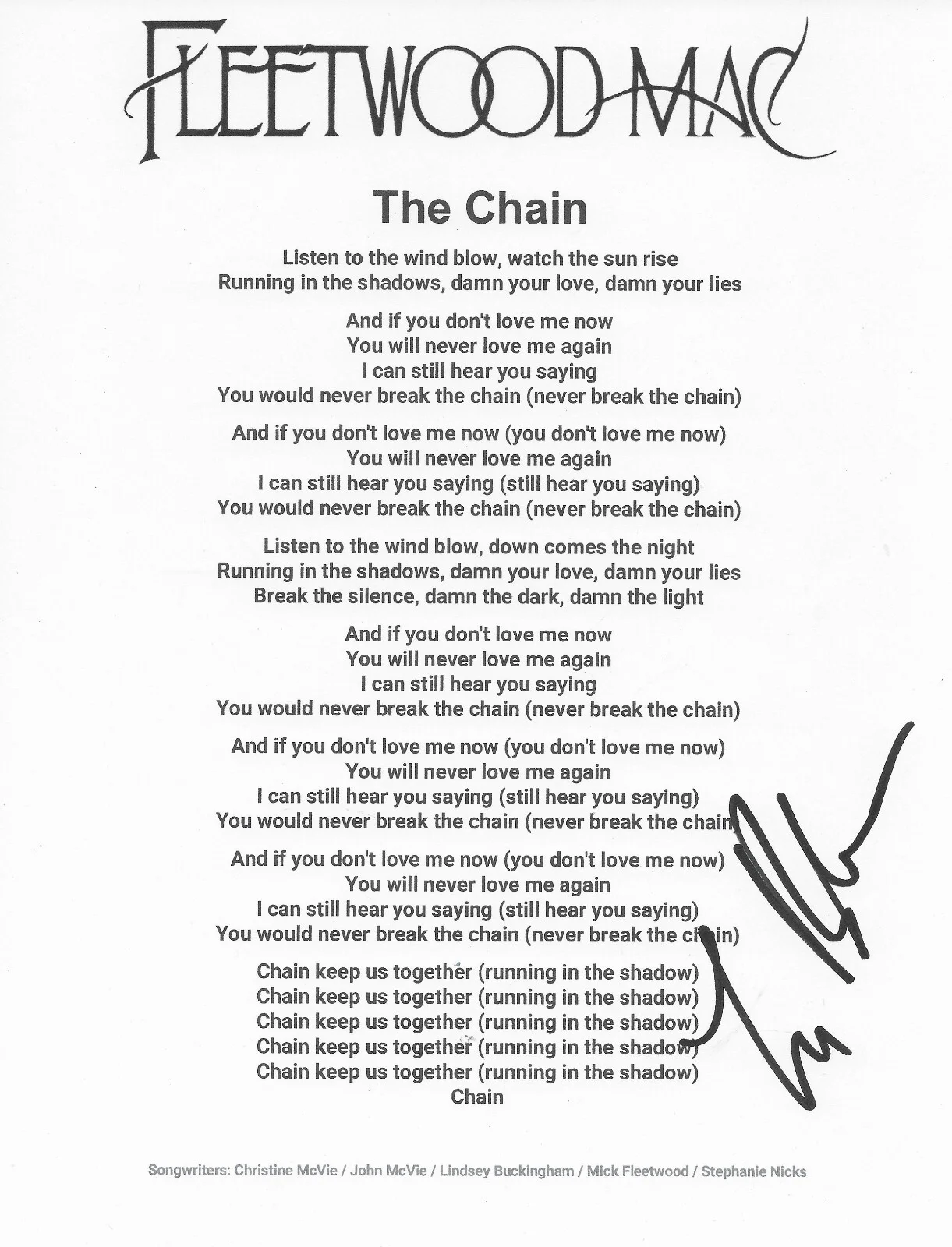 Lindsey Buckingham Signed Fleetwood Mac The Chain Lyrics Sheet Proof Autographed, изображение 2