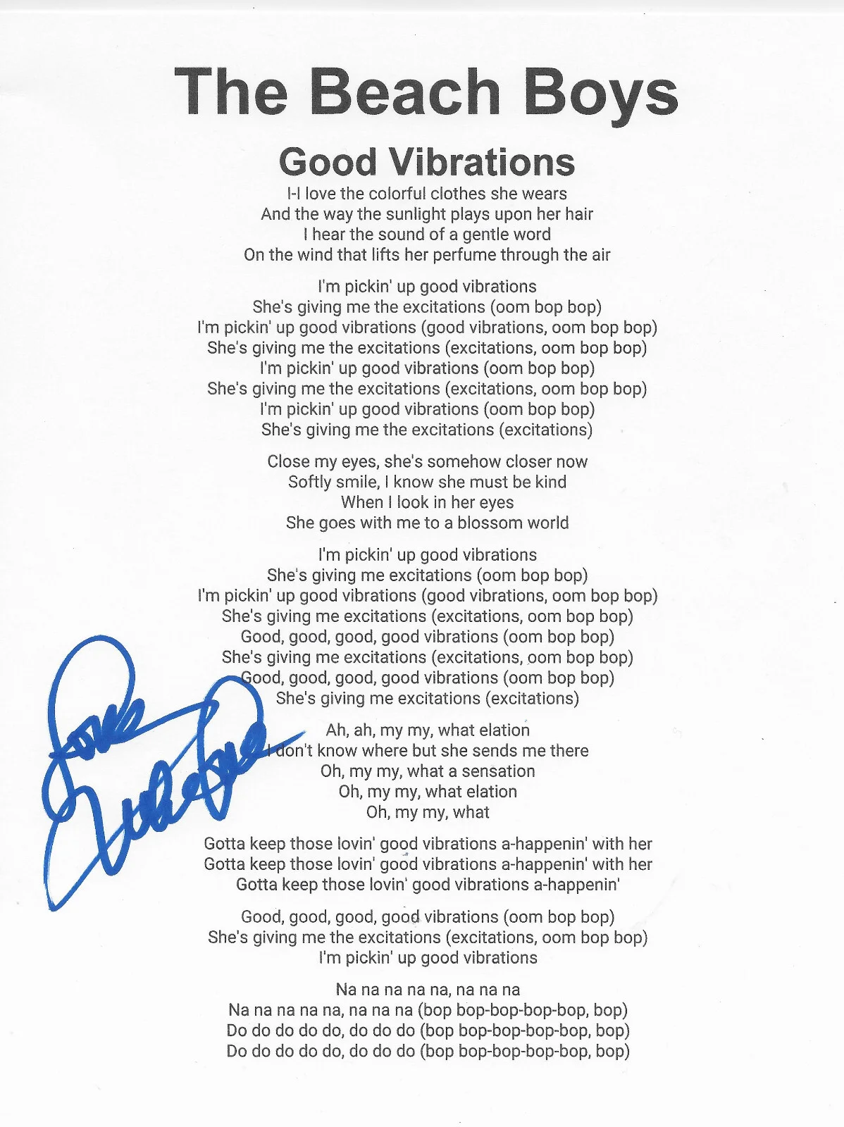 Mike Love signed Beach Boys Good Vibrations Lyrics sheet autograhed COA Proof, image 2