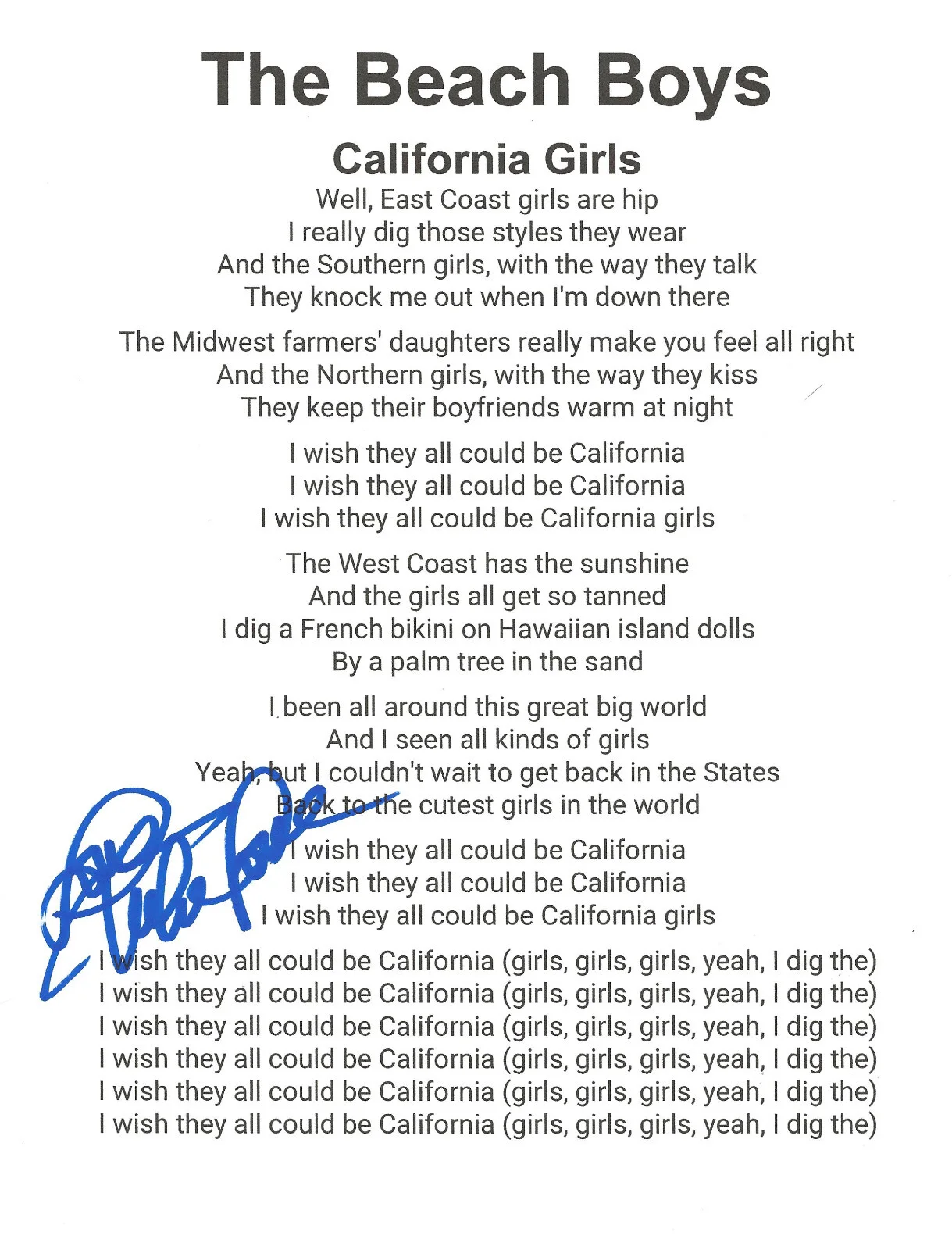 Mike Love signed Beach Boys California Girls Lyrics sheet autograhed COA Proof, изображение 2