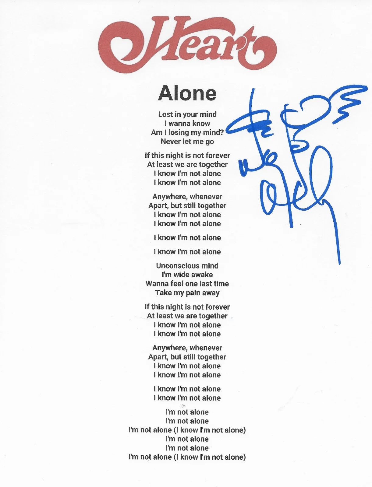 Nancy Wilson Signed Heart Alone Lyrics Sheet Proof COA Autographed, image 2