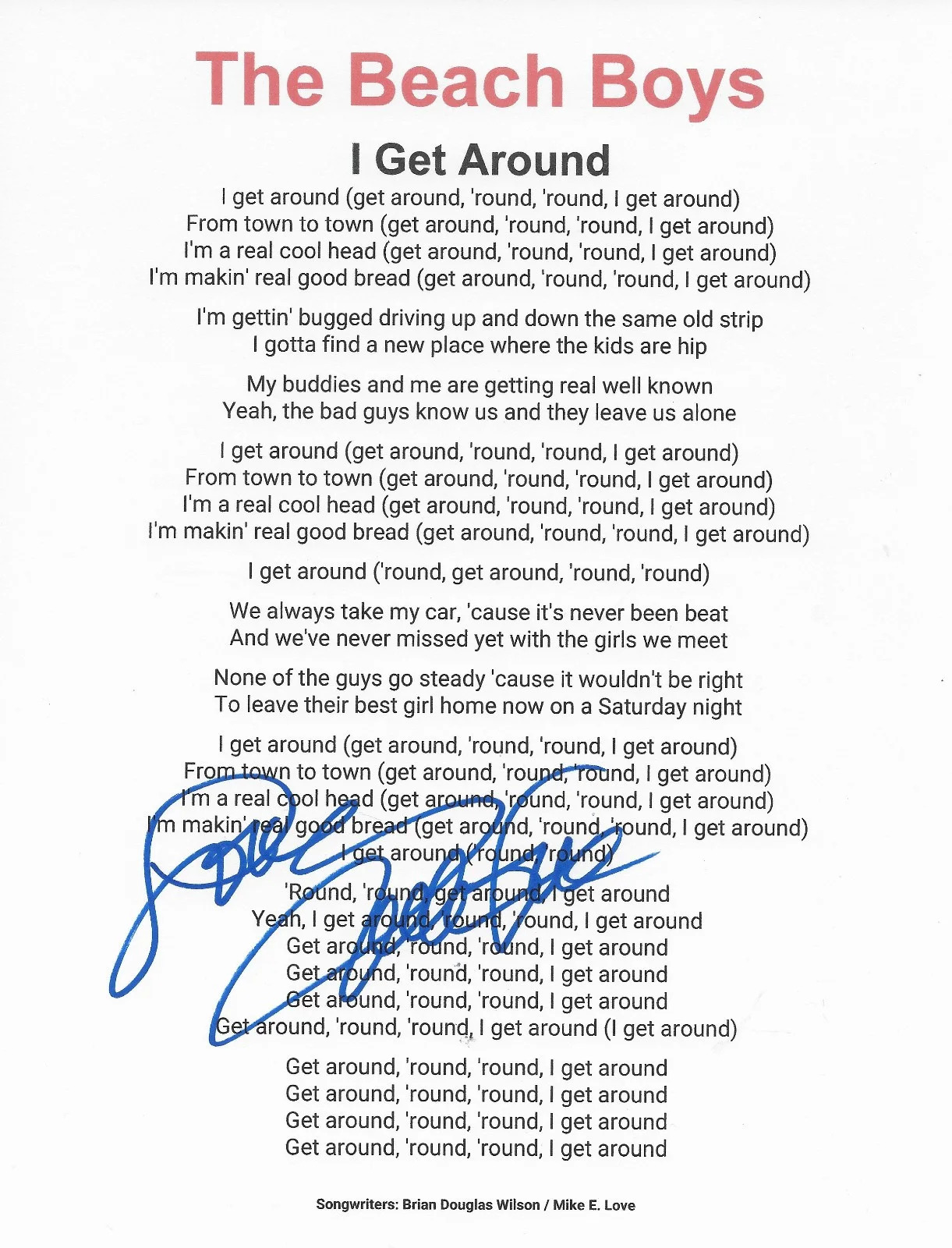 Mike Love Signed Beach Boys I Get Around Lyrics Sheet Autograhed COA Proof, image 2