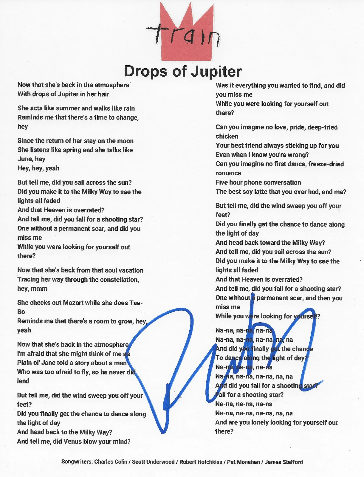 Pat Monahan Signed Train Drops of Jupiter Lyrics Sheet Proof COA Autographed, image 2