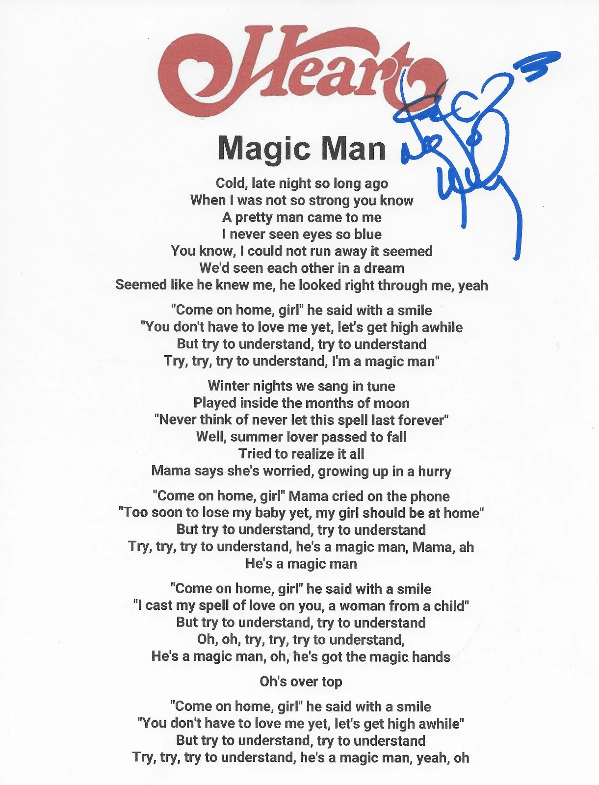 Nancy Wilson Signed Heart Magic Man Lyrics Sheet Proof COA Autographed, image 2