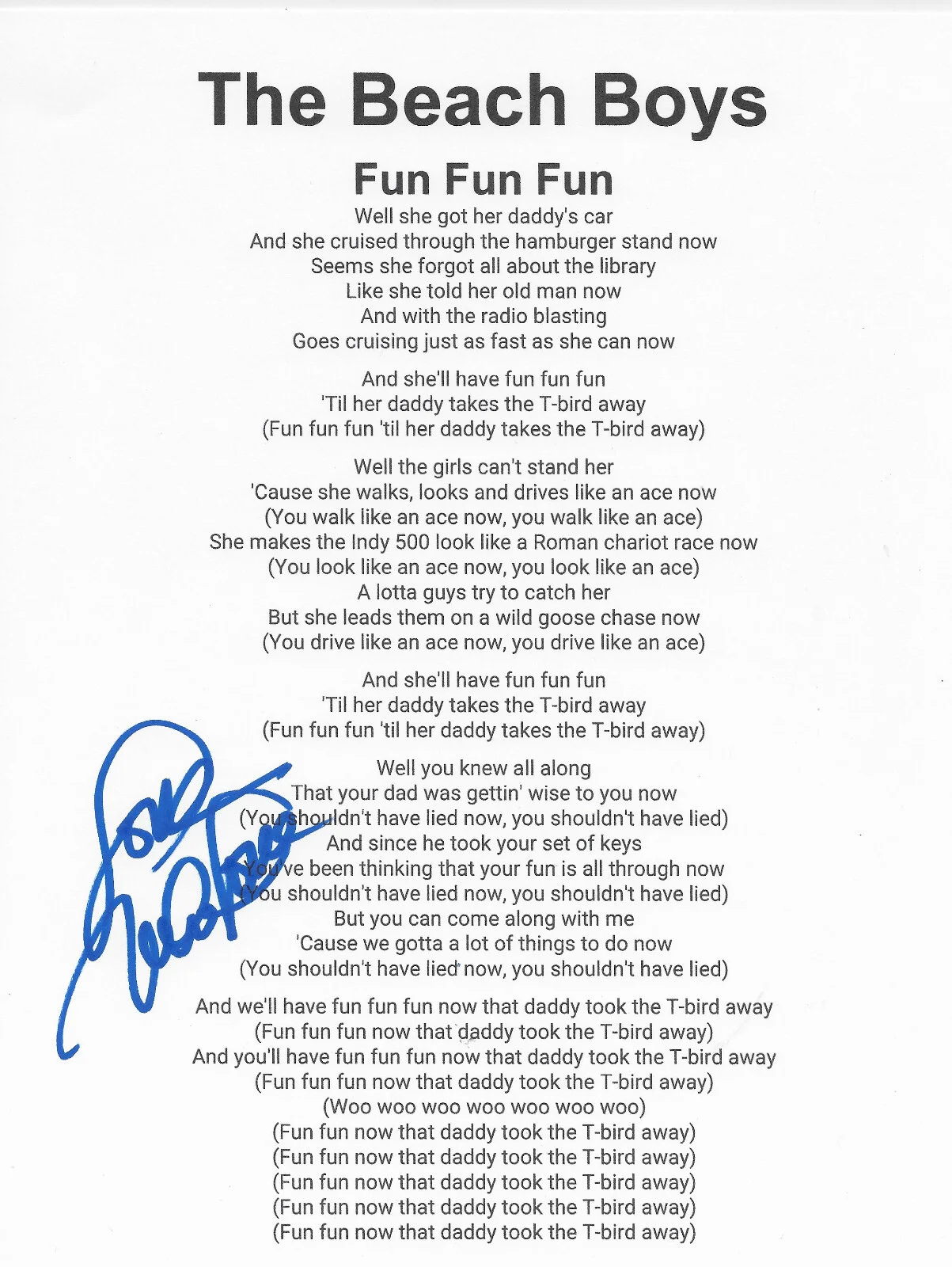 Mike Love signed Beach Boys Fun Fun Fun Lyrics sheet autograhed COA exact Proof, image 2