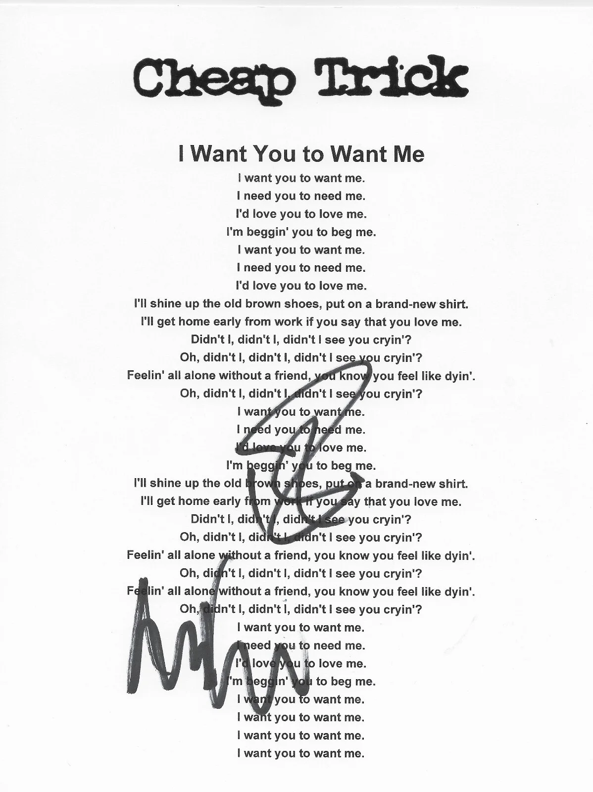 Robin Zander Tom Petersson signed Cheap Trick I Want You To Want Me Lyrics sheet, изображение 2
