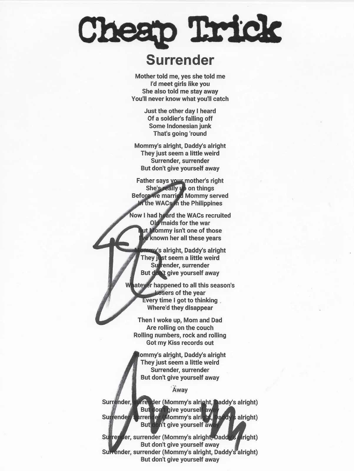 Robin Zander & Tom Petersson signed Cheap Trick Surrender Lyrics sheet COA Proof, image 2