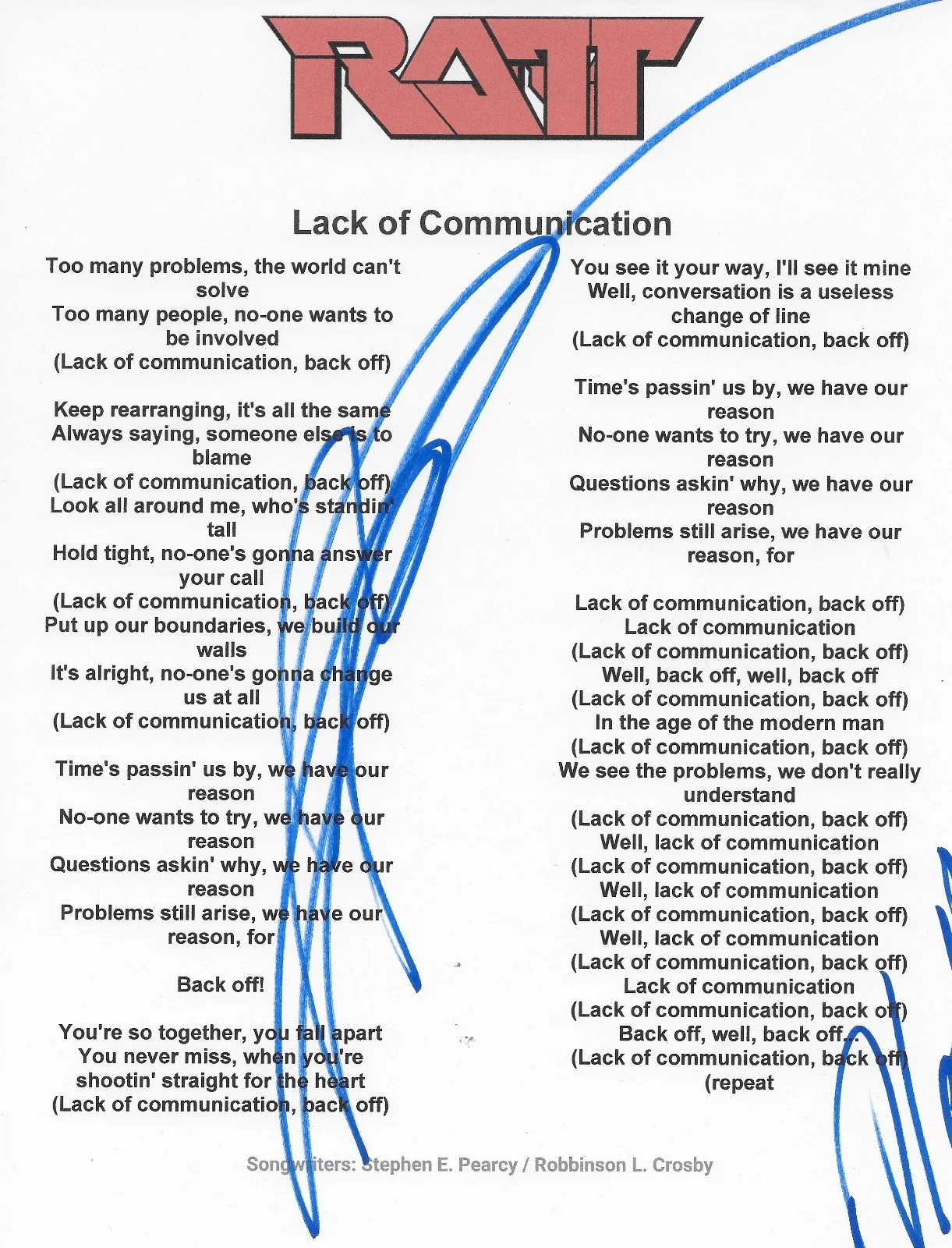 Stephen Pearcy Signed Ratt Lack of Communication Lyrics Sheet Proof Autographed, image 2