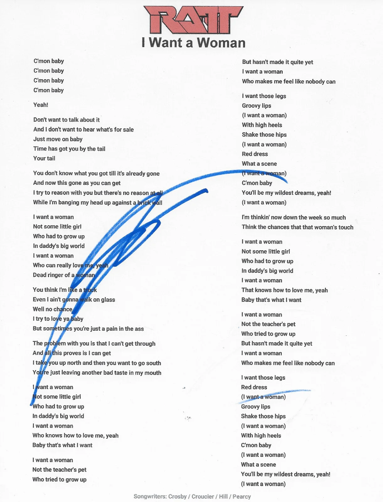 Stephen Pearcy Signed Ratt I Want a Woman Lyrics Sheet Proof COA Autographed, изображение 2